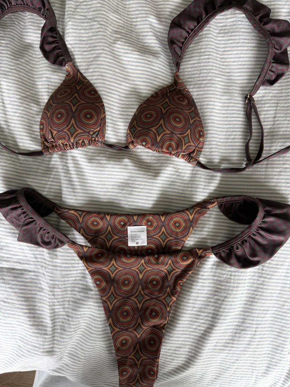 Strawberry Milk Mob Brown & Multi-Color Geometric Ruffle Bikini - TOP ONLY
